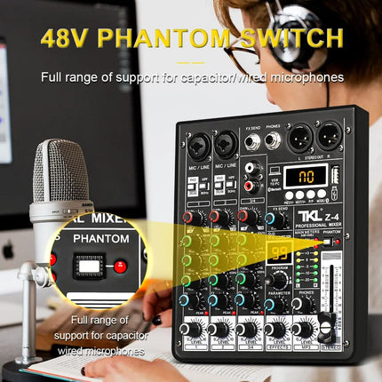 TKL 4 Channel 99 DSP Audio Mixer 48V Phantom Power USB Studio Sound Mixers Bluetooth DJ Console Mixing for Karaok Hebdo Store