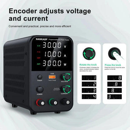 NANKADF DC Power Supply, 0-30V 0-10A with High Accuracy 4-Digit LED Display, 5V/2A USB Port, Encoder Adjustment N-GA3010H HEBDO