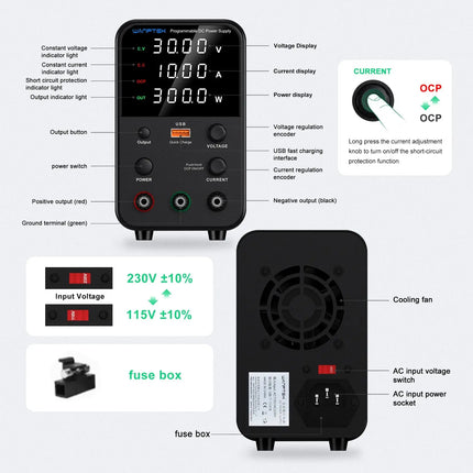 NANKADF DC Power Supply, 0-30V 0-10A with High Accuracy 4-Digit LED Display, 5V/2A USB Port, Encoder Adjustment N-GA3010H HEBDO