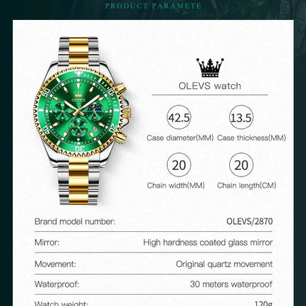 OLEVS Men's Watches Top Brand Luxury Watch for Men Original Waterproof Stainless Steel Chronograph Moon Phase Date Rota Dial HEBDO STORE