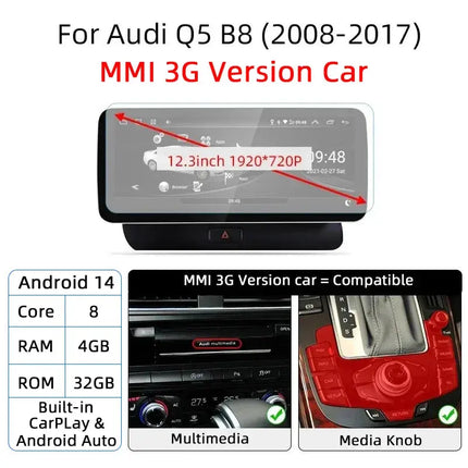 12.3 Android 14 System Car Radio Stereo For Audi Q5 8R 2008-2017 WiFi 4G LTE 8+128GB CarPlay BT IPS Touch Screen GPS HEBDO