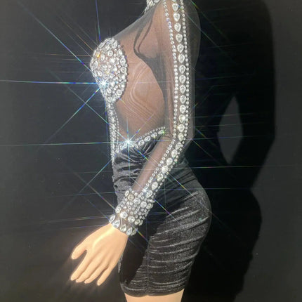 Black Velet Sexy See-Through Sheath Mini Dress Evening Party Dress Nightclub Bar Performance Custome Singers Dancer Stage Wear HEBDO STORE