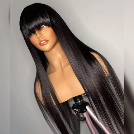 Straight Wig With Bangs 100% Human Hair Wig Without Glue Brazil Full Machine Made Fringe Remy Hair 30 Inch 100% Human Hair Bang HEBDO STORE