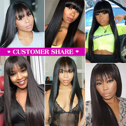 Straight Wig With Bangs 100% Human Hair Wig Without Glue Brazil Full Machine Made Fringe Remy Hair 30 Inch 100% Human Hair Bang HEBDO STORE