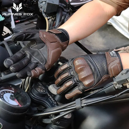 Brown Vintage Leather Motorcycle Gloves Men HEBDO