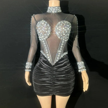 Black Velet Sexy See-Through Sheath Mini Dress Evening Party Dress Nightclub Bar Performance Custome Singers Dancer Stage Wear HEBDO STORE