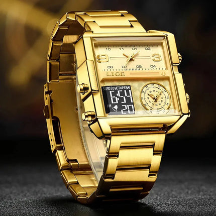 LIGE Top Brand Luxury Fashion Men Watches Gold Steel Sport Square Digital Analog Big Quartz Watch for Man Relogio Masculino+BOX HEBDO STORE