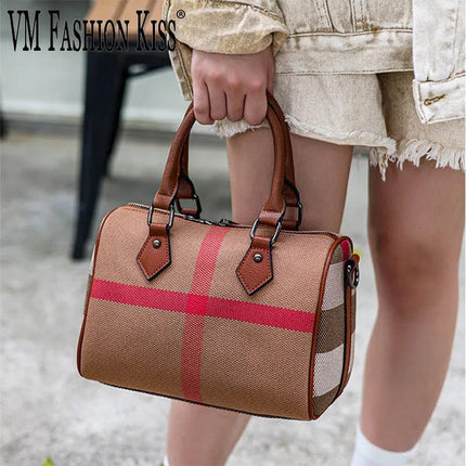 VM FASHION KISS Women's Designer Brown Boston Handbags Stripe Canvas + PU Shoulder Bag Simple And Practical Women Crossbody Bag HEBDO STORE