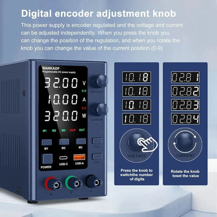 NANKADF DC Power Supply, 0-30V 0-10A with High Accuracy 4-Digit LED Display, 5V/2A USB Port, Encoder Adjustment N-GA3010H HEBDO