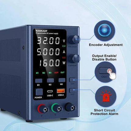 NANKADF DC Power Supply, 0-30V 0-10A with High Accuracy 4-Digit LED Display, 5V/2A USB Port, Encoder Adjustment N-GA3010H HEBDO