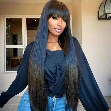 Brazilian Bone Straight Long 100% Human Hair Wigs With Bangs Natural Black Fringe Wig With Bangs For Women cheap wigs on Sale HEBDO STORE