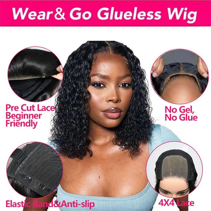 Water Wave Bob Glueless Wig Human Hair Ready to Wear and Go Short Bob Human Hair Wigs 8-16 Inch 4x4 Pre Cut Lace Wigs for Women HEBDO STORE