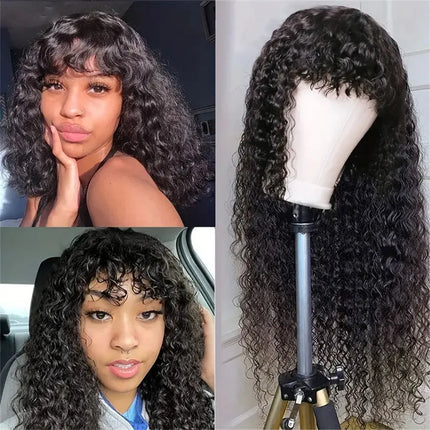 Deep Wave Human Hair Wigs With Bangs Wig Pre Plucked Cheap Hair Wigs On Sale Clearance Full Machine Made Wig With Bang HEBDO STORE