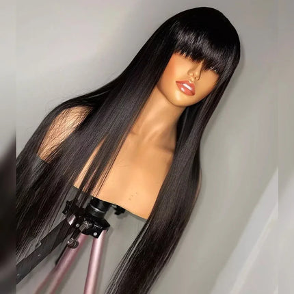 Straight Wig With Bangs 100% Human Hair Wig Without Glue Brazil Full Machine Made Fringe Remy Hair 30 Inch 100% Human Hair Bang HEBDO STORE