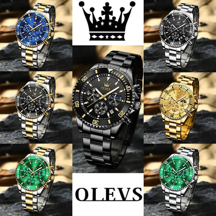 OLEVS Men's Watches Top Brand Luxury Watch for Men Original Waterproof Stainless Steel Chronograph Moon Phase Date Rota Dial HEBDO STORE