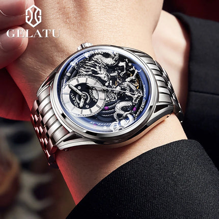 GELATU 6018 Hollow Dragon Mechanical Watch For Men Luxury Deep Waterproof Business Hand Clock Synthetic Sapphire Mirror Watches HEBDO STORE