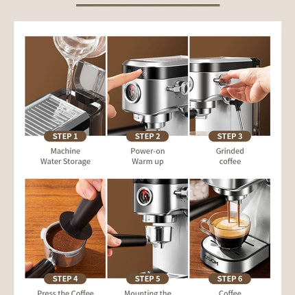 ZZUOM Espresso  20Bar Coffee Machine Semi-automatic Household Maker with Foaming Milk Frother HEBDO STORE