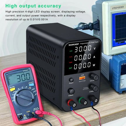 NANKADF DC Power Supply, 0-30V 0-10A with High Accuracy 4-Digit LED Display, 5V/2A USB Port, Encoder Adjustment N-GA3010H HEBDO