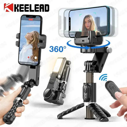 KEELEAD 360 Rotation Gimbal,Selfie Stick Tripod with Remote Fill Light Following Shooting,Stabilizer for Smartphone Live/Vlog HEBDO STORE