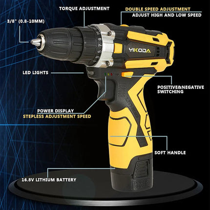 YIKODA 12/16.8/21V Cordless Drill Rechargeable Electric Screwdriver Lithium Battery Household Multi-function 2 Speed Power Tools Hebdo Store