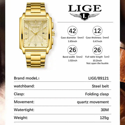 LIGE Fashion Business Watch Men Square Sport Waterproof Watches For Men Top Brand Luxury Military Quartz Chronograph Wristwatch HEBDO STORE