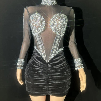 Black Velet Sexy See-Through Sheath Mini Dress Evening Party Dress Nightclub Bar Performance Custome Singers Dancer Stage Wear HEBDO STORE