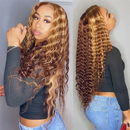 Highlight Color 13x4 Lace Front Wig Deep Wave Human Hair Pre Plucked 12-30 inch P4/27 Color Deep Wave Lace Frontal Wig Remy Hair Hebdo Store