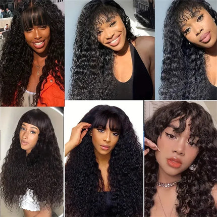 Deep Wave Human Hair Wigs With Bangs Wig Pre Plucked Cheap Hair Wigs On Sale Clearance Full Machine Made Wig With Bang HEBDO STORE