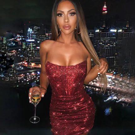 Giyu Night Club Party Woman Dress Sexy Bodycon Glitter Strapless Mini Short Prom Robe 2024 Summer Elegant Ruched Black Vestidos HEBDO STORE