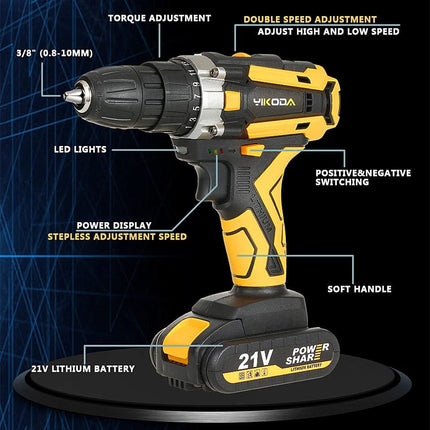 YIKODA 12/16.8/21V Cordless Drill Rechargeable Electric Screwdriver Lithium Battery Household Multi-function 2 Speed Power Tools Hebdo Store