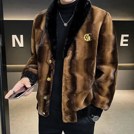 Winter New Men High Quality Faux Fur Coat Male Mink Fur Slim V-neck Fashion Outwear Casual Large Size Solid Color Warm Outcoat HEBDO STORE