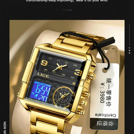 LIGE Top Brand Luxury Fashion Men Watches Gold Steel Sport Square Digital Analog Big Quartz Watch for Man Relogio Masculino+BOX HEBDO STORE