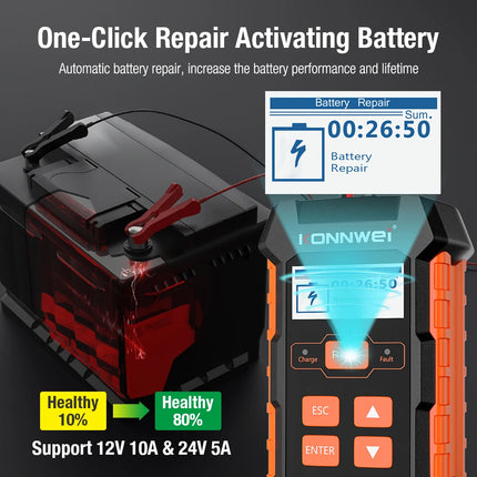 KONNWEI KW520 12V 10A 24V 5A Car Truck Battery Tester Charger Lead Acid Battery Pulse Repair Tool AGM Gel Lithium Power Supply Hebdo Store