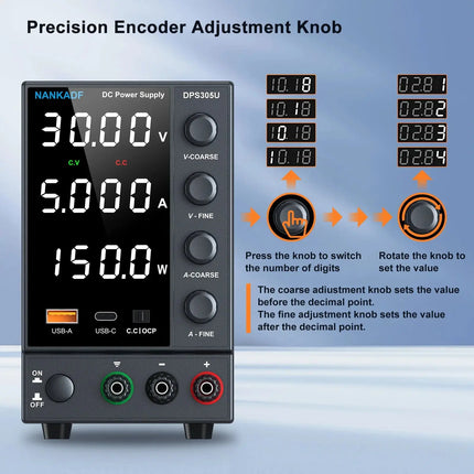 NANKADF DC Power Supply, 0-30V 0-10A with High Accuracy 4-Digit LED Display, 5V/2A USB Port, Encoder Adjustment N-GA3010H HEBDO