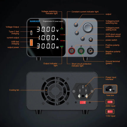 30V 10A Lab Adjustable DC Power Supply with 4-Digit LED Display; USB-A/Type-C 5V/3.6A Fast Charge with Encoder Adjustment HEBDO STORE