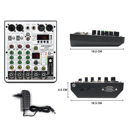 4-Channel Audio Mixer, ARVOMIC DJ Mixer with USB Audio Interface, Bluetooth Function, 16 DSP Effects, and 3-Band EQ (ARMX-4) Hebdo Store