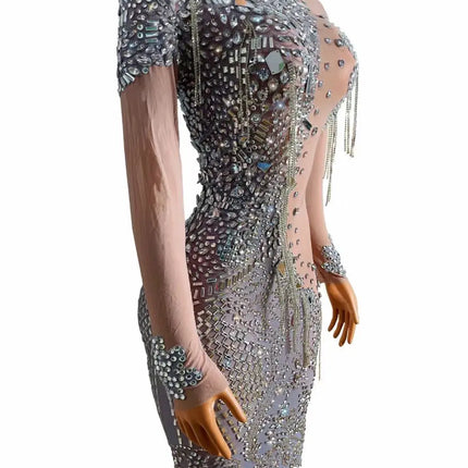 Bar Nightclub Party Dress Stage Performance Fashion Mesh Sexy Perspective Shiny Rhinestone Lenses Diamond Chain Dress HEBDO STORE