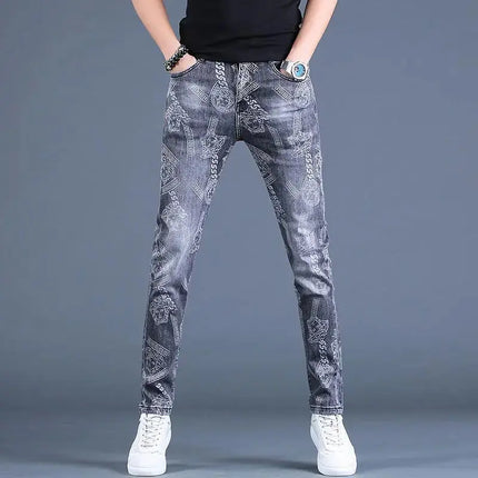 Spring Autumn Boyfriend Long Skinny Jeans Man Korean Fashion Designer Kpop Punk Star Print Denim Luxury Stretch Tight Pants Men Hebdo Store