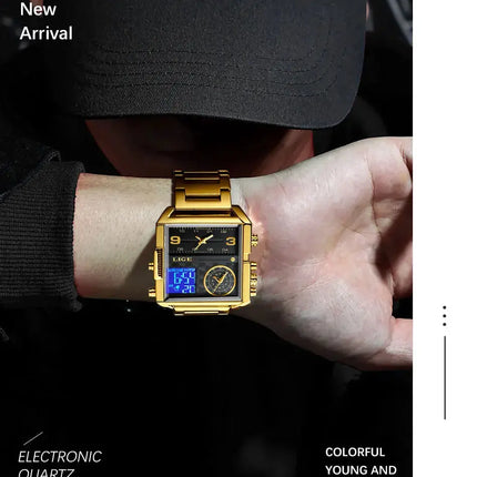 LIGE Top Brand Luxury Fashion Men Watches Gold Steel Sport Square Digital Analog Big Quartz Watch for Man Relogio Masculino+BOX HEBDO STORE