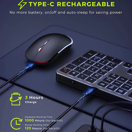 Backlight Wireless Keyboard and Mouse Combo 2.4G USB Silent Keyboard Set Rechargeable Full-Size Slim Keyboard & Mouse Set HEBDO STORE