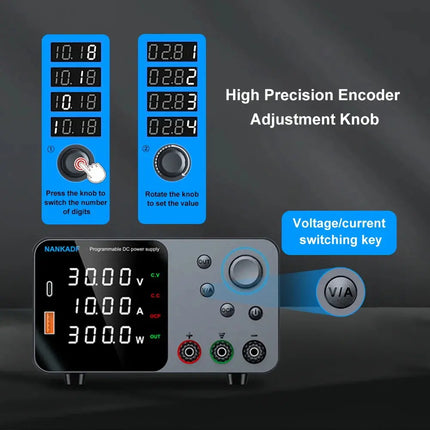 NANKADF DC Power Supply, 0-30V 0-10A with High Accuracy 4-Digit LED Display, 5V/2A USB Port, Encoder Adjustment N-GA3010H HEBDO