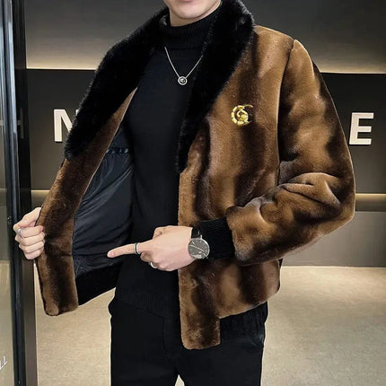 Winter New Men High Quality Faux Fur Coat Male Mink Fur Slim V-neck Fashion Outwear Casual Large Size Solid Color Warm Outcoat HEBDO STORE