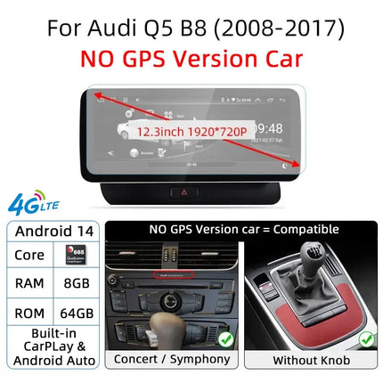 12.3 Android 14 System Car Radio Stereo For Audi Q5 8R 2008-2017 WiFi 4G LTE 8+128GB CarPlay BT IPS Touch Screen GPS HEBDO