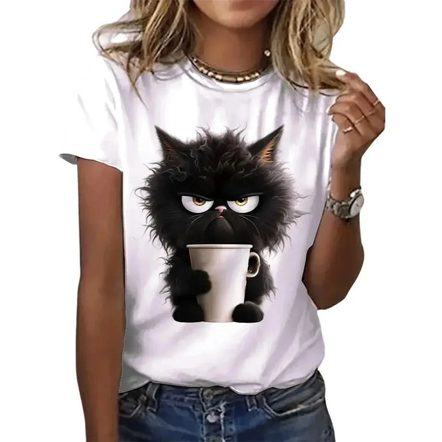 Funny Cat Women Summer White Print T-shirt Girl Casual Short Sleeve O Neck Top For Summer Female Animal Clothing HEBDO