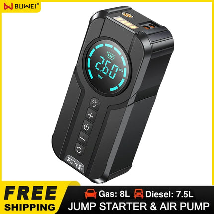 BUWEI 6 in 1 Car Jump Starter Air Pump Brand New Automotive Air Compressor Auto Tire Inflator Power Bank Car Starters w/ EVA Bag Hebdo Store