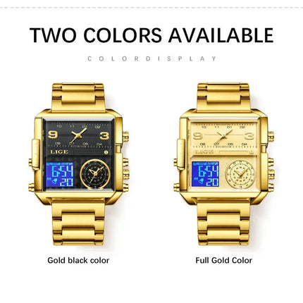 LIGE Top Brand Luxury Fashion Men Watches Gold Steel Sport Square Digital Analog Big Quartz Watch for Man Relogio Masculino+BOX HEBDO STORE