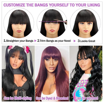 Wig With Bangs Fringe Wigs Human Hair Wig For Women Brazilian 100%Human Hair Sale Bangs Wig Full Machine Made Remy Hair Glueless HEBDO STORE