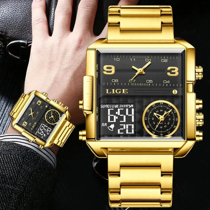 LIGE Top Brand Luxury Fashion Men Watches Gold Steel Sport Square Digital Analog Big Quartz Watch for Man Relogio Masculino+BOX HEBDO STORE