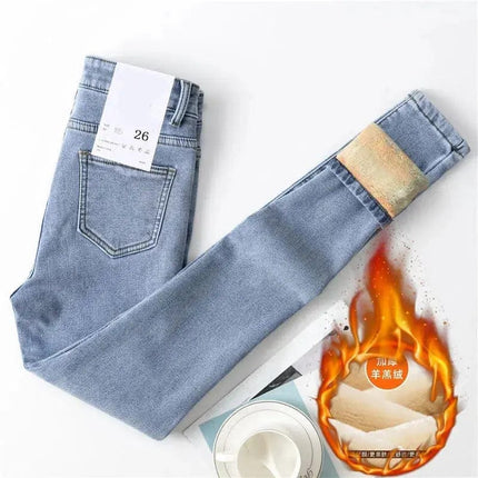 Winter Fleece Blue Women Jeans Thicken Stretchy Skinny Fleece Jeans Warm  Female Thick Velvet Lady Denim Pencil Pants Trousers FRANTZDOL STORE