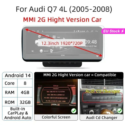 Android 14 Car Audio  Multimedia Player Carplay For Audi Q7 4L 2005-2015 GPS Navigation Stereo WIFI DSP Automotive Screen HEBDO